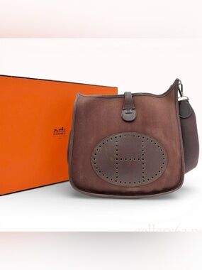 Authentic Hermes Evelyne II PM Toile and Leather Crossbody Bag in Ebene - 2006